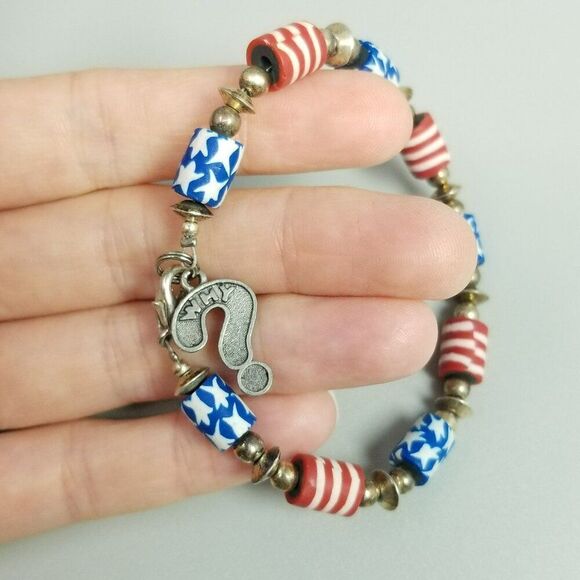 Vintage Red White and Blue Clay Beaded Bracelet with Why? Silver Tone Charm - Picture 2 of 7